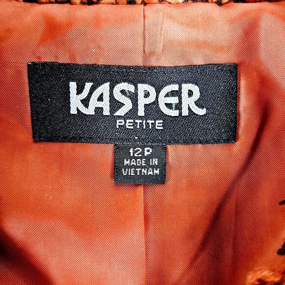 🦃 Kasper Petite Single Button Blazer Orange Black Tweed Woven Fringe Edge 12 P - Picture 4 of 11